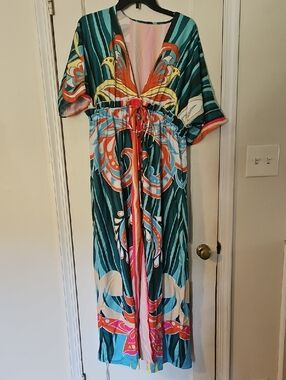 Boho V-Neck Maxi Dress in Teal Multi